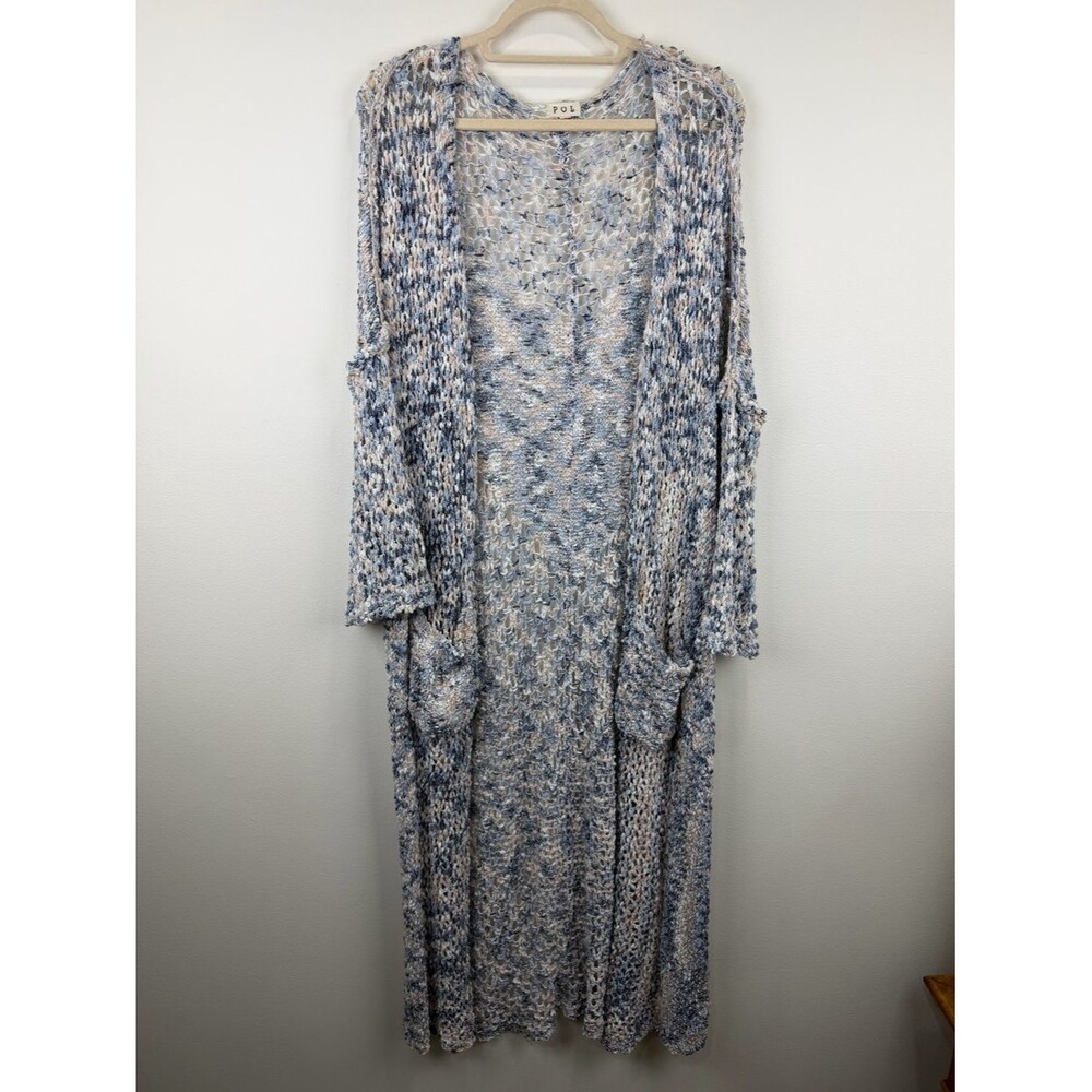 POL Chunky Open Knit Duster Cardigan Boho Longline Sweater Blue Cream L